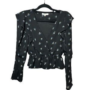 Wayf Ruffle Wrap Peplum Blouse Size 8 Black Ditsy Floral Dark Cottagecore Fairy